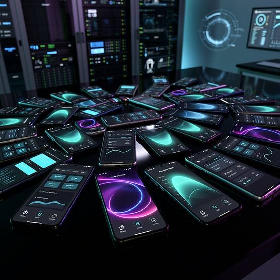 Android app performance tested across 30+ flagship Samsung, Google, OnePlus, Xiaomi devices in a cinematic tech lab