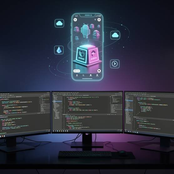 Android app development workspace with Kotlin, Jetpack Compose, and Material Design UI elements in a modern digital studio