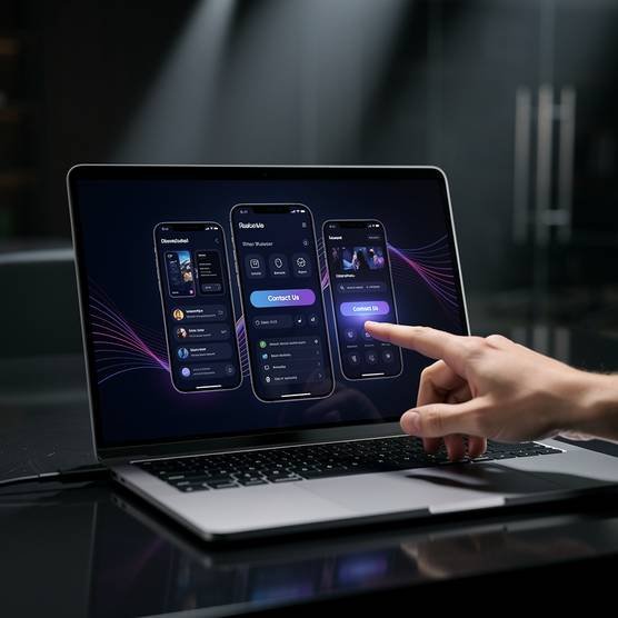 Professional reaching towards contact button on laptop displaying mobile app design