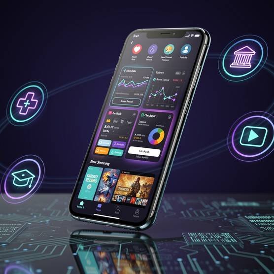 Android app shown across healthcare eCommerce fintech education and entertainment industries cinematic dark blue purple theme