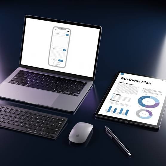 Top-down view of business consultation on dark blue desk with laptop and tablet