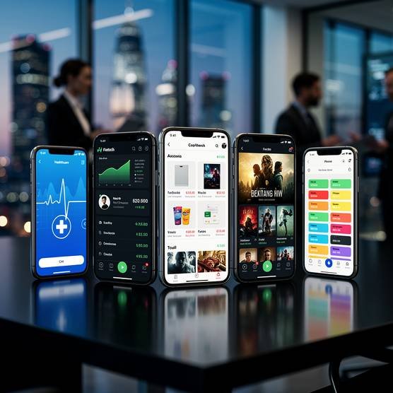 Custom mobile apps for healthcare, fintech, and enterprise on smartphones in a modern office