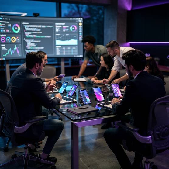 Modern app development team collaborating in a sleek digital agency workspace focused on custom mobile solutions