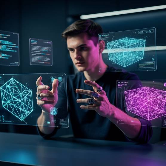 AR/VR developer interacting with holographic Android and iOS app interfaces in a modern digital workspace