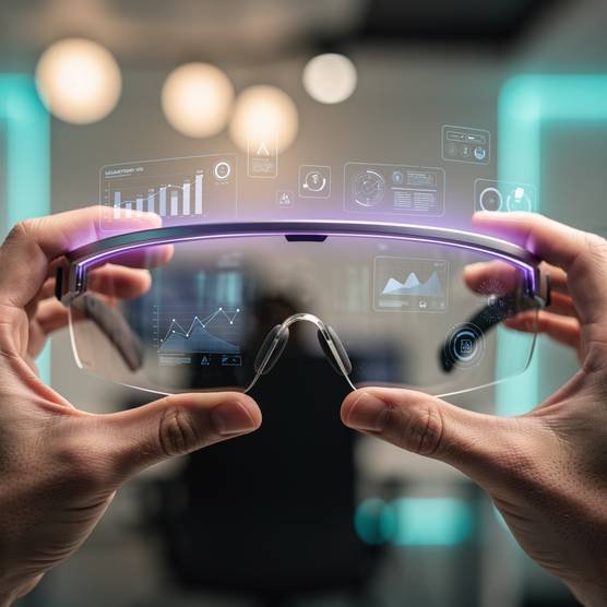 Hands holding futuristic AR headset in agency office — contact us today