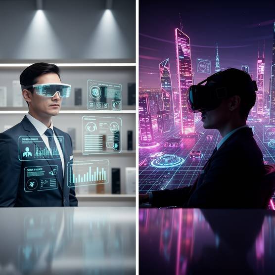Cinematic split image of AR and VR business applications in a modern digital agency environment.
