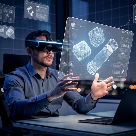 Developer using AR headset with holographic interface in dark futuristic office