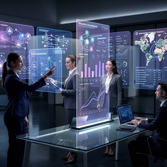 Modern digital agency team analyzing blockchain solutions on holographic displays in a dark blue and purple control room.