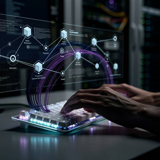Developer interacting with multiple blockchain networks on a futuristic interface, with holographic nodes and data streams in a dark, tech-inspired setting.