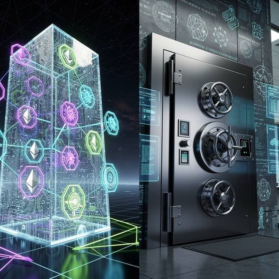 Split-screen visual contrasting public blockchain transparency with private blockchain security and control