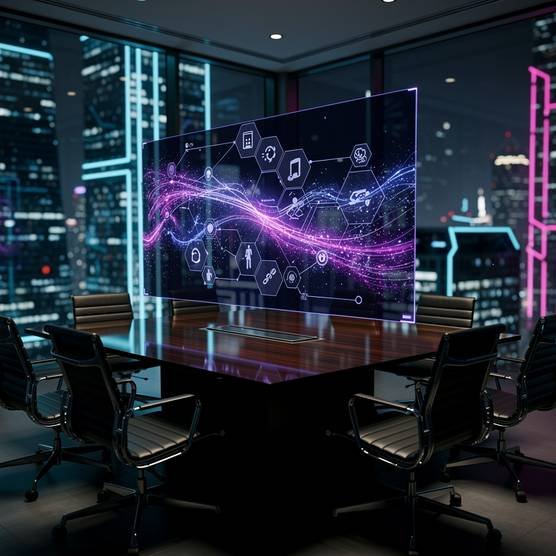 Modern boardroom with holographic blockchain network diagram over a cityscape.