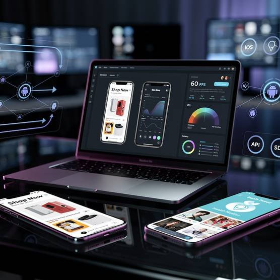 Developer workspace with laptops and smartphones displaying seamless cross-platform app interfaces, highlighting smooth animations and performance
