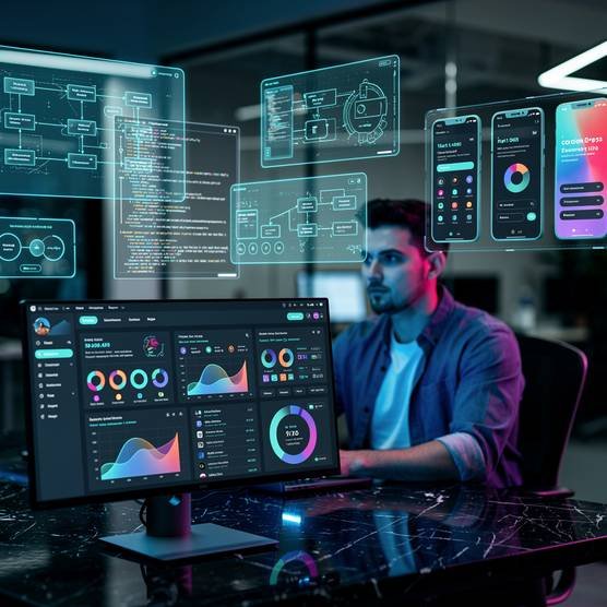 Developer using cross-platform app architecture blueprints and UI mockups in modern dark mode workspace