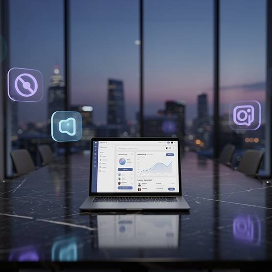 Modern agency workspace with holographic app icons and city skyline at dusk for cross-platform app development consultation