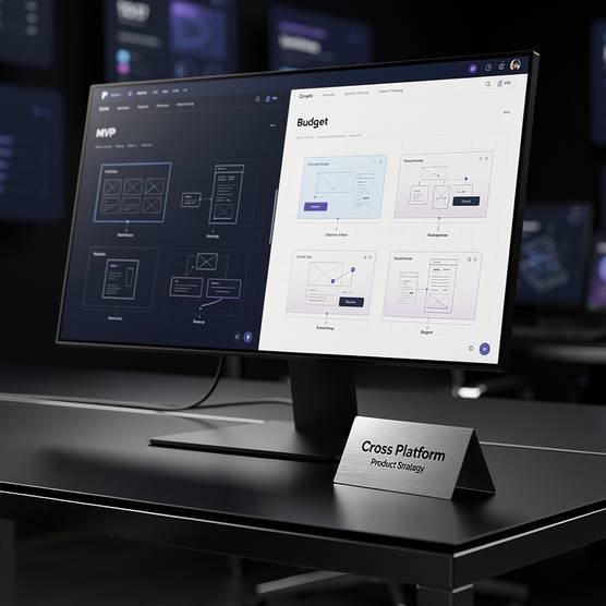 Modern workspace with dual-interface monitor for cross-platform MVP startup selection criteria.