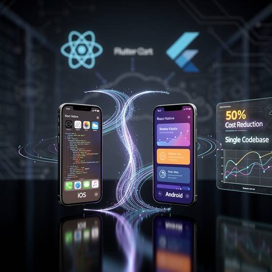 Cross platform app development using React Native and Flutter creating single codebase for iOS and Android native apps, saving time and money