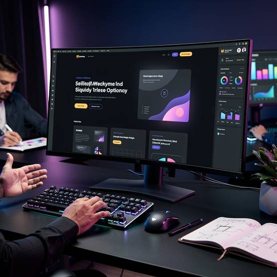 Web design team collaborating on a monitor showing custom website UI with dark blue and purple aesthetic
