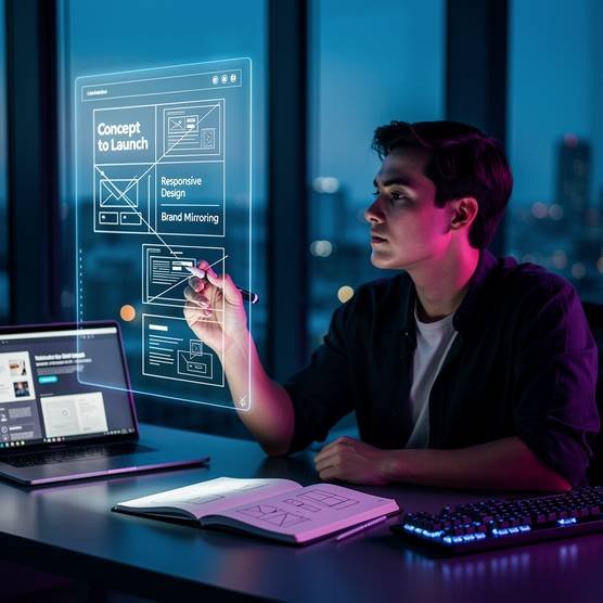 Web designer sketching custom website layout on a transparent screen, showcasing responsive design and brand mirroring services in a modern office.