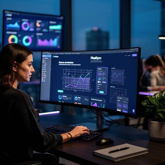 Female web designer meticulously crafting a bespoke website on a large monitor, showcasing custom web design services and a premium user experience.