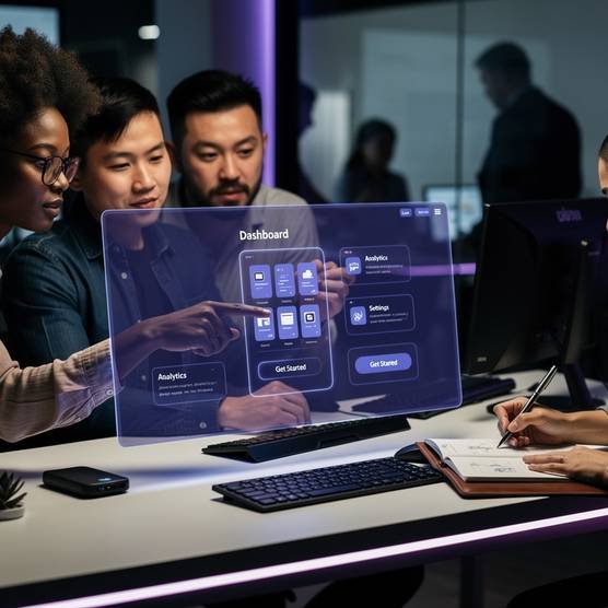 Web design team collaborating on custom website wireframe on holographic display, dark blue and purple aesthetic.