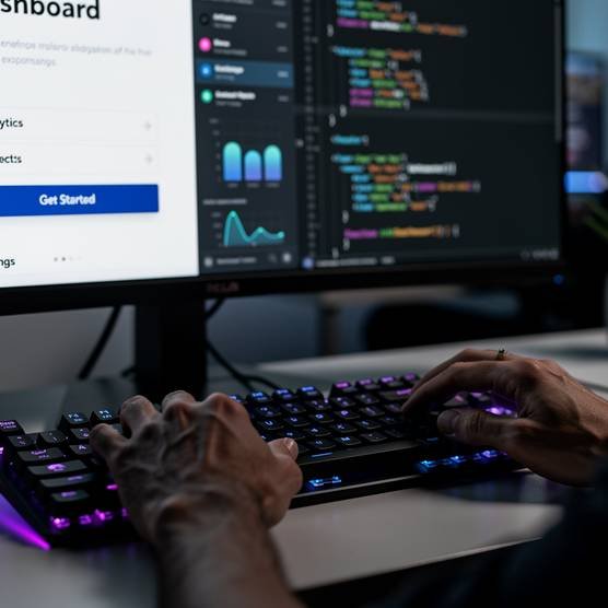 Web developer coding a responsive website on a sleek monitor, highlighting custom website development services