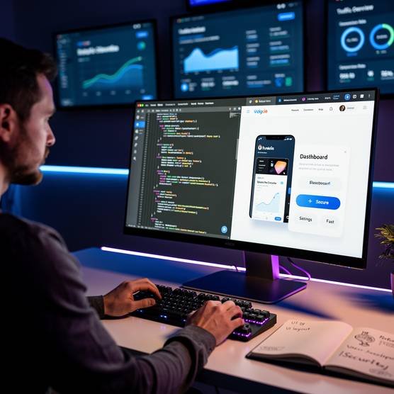 Web developer working on custom website development at a modern agency office, showcasing UI design and code on high-resolution monitors with dark blue and purple lighting.