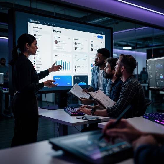A diverse team collaborating on custom web design and development displayed on a large screen in a modern office
