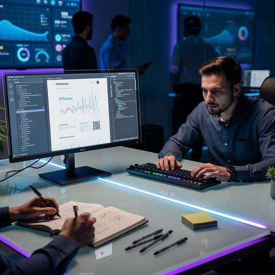 Web developers collaborating on custom website development, displaying code and website designs on futuristic monitors in a modern agency office.