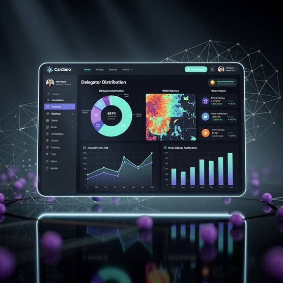 Blockchain DApp interface with real-time analytics dashboard in dark blue and purple cinematic style