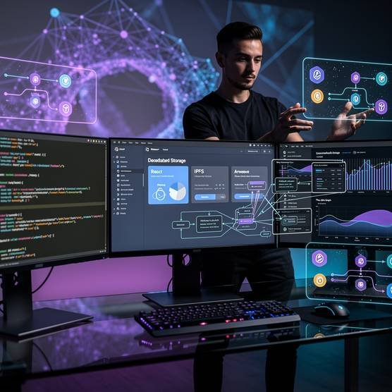 DApp development capabilities in modern dark blue and purple blockchain agency aesthetic