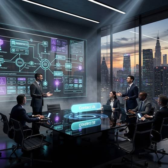 Professional team collaborating on dApp architecture diagrams in a dark, futuristic setting