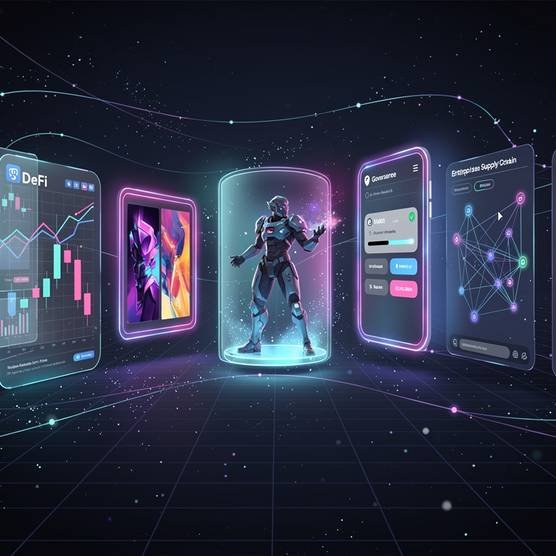 Futuristic dApp ecosystem with DeFi, NFT, gaming, governance, enterprise, and social modules in dark blue and purple tones