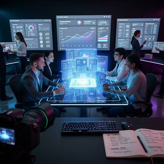 Digital marketing agency team collaborating on holographic analytics, showing diverse business growth strategies