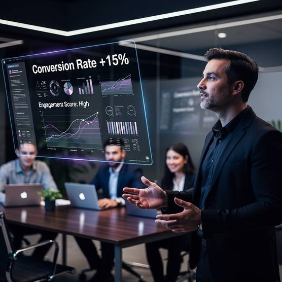 Digital marketing professional analyzing conversion metrics on a holographic screen in a modern agency office