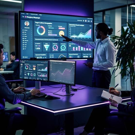 Digital marketing team collaborating on a strategy, dark office with glowing analytics screens