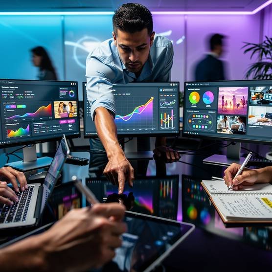 Marketing team analyzing dynamic digital marketing campaign results on large screens with vibrant data visualizations and neon lighting