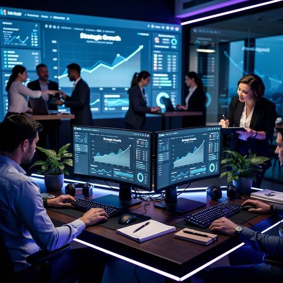 Strategic digital marketing team optimizing SEO, PPC, and social media campaigns on glowing screens in a modern, dark blue and purple office.
