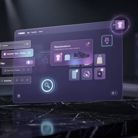 Modern holographic eCommerce dashboard showing conversion tools like filters, checkout, and cart recovery in a cinematic dark blue-purple studio