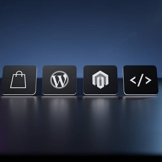 Platform expertise icons for Shopify, WooCommerce, Magento and custom solutions on sleek dark cards