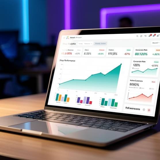 Sleek laptop displaying analytics dashboard of successful online retail shop for business growth