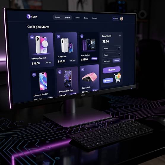 Custom eCommerce development platform displayed on modern monitor in a stylish digital agency workspace.
