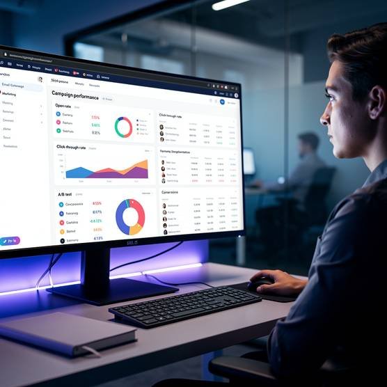 Digital marketing expert analyzing email campaign performance on a screen, showcasing comprehensive email marketing solutions