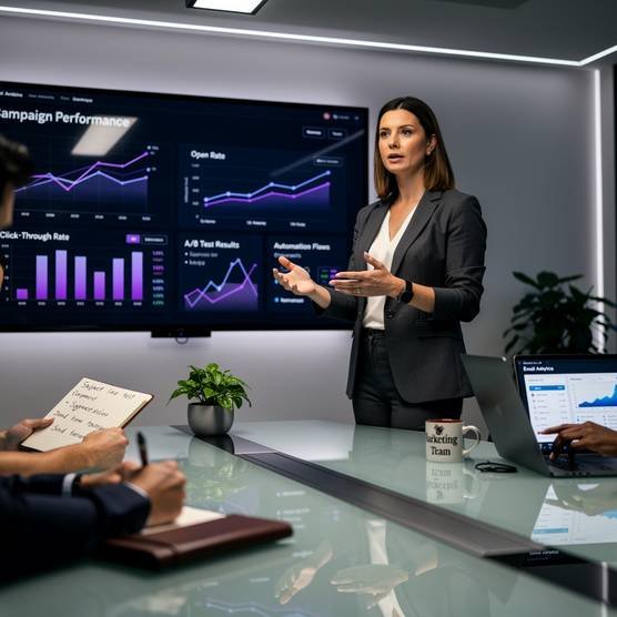 Email marketing specialists analyzing campaign performance on a large screen, demonstrating exceptional support and continuous improvement during a client meeting.