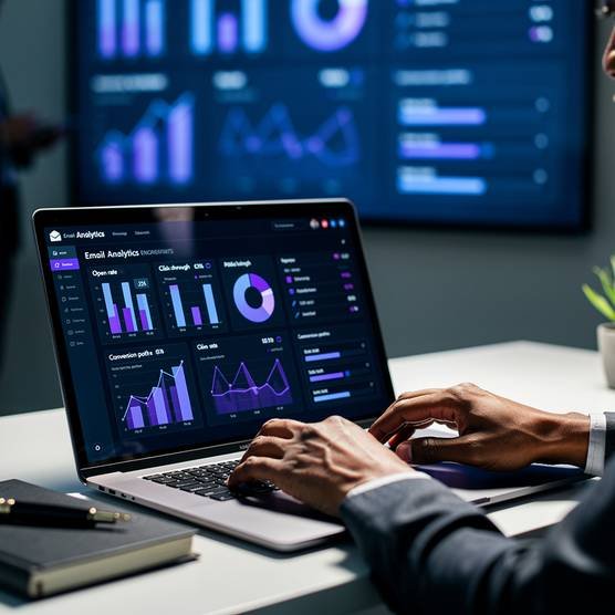Data-driven email marketing analytics dashboard with graphs and charts, showing personalized campaign performance