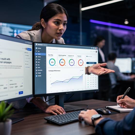 Email marketing specialists analyzing campaign data on screens in a modern, dark office with glowing blue and purple light