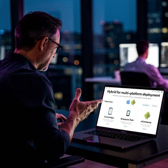 Senior engineer in a modern agency office evaluating hybrid app strategy for content-driven and enterprise applications