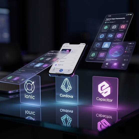 Hybrid mobile app development workspace with holographic Ionic, Cordova and Capacitor interfaces floating in dark blue and purple digital agency aesthetic