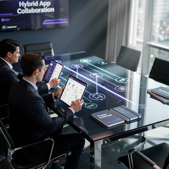 Hybrid app development team collaborating in modern agency meeting room for consultation