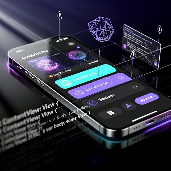 Close-up of iPhone displaying SwiftUI app with AR, on dark glass surface, code floating.
