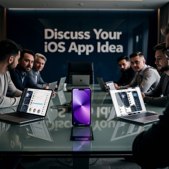 iOS app development team discussing strategy and analytics on modern hardware in a professional meeting room environment.